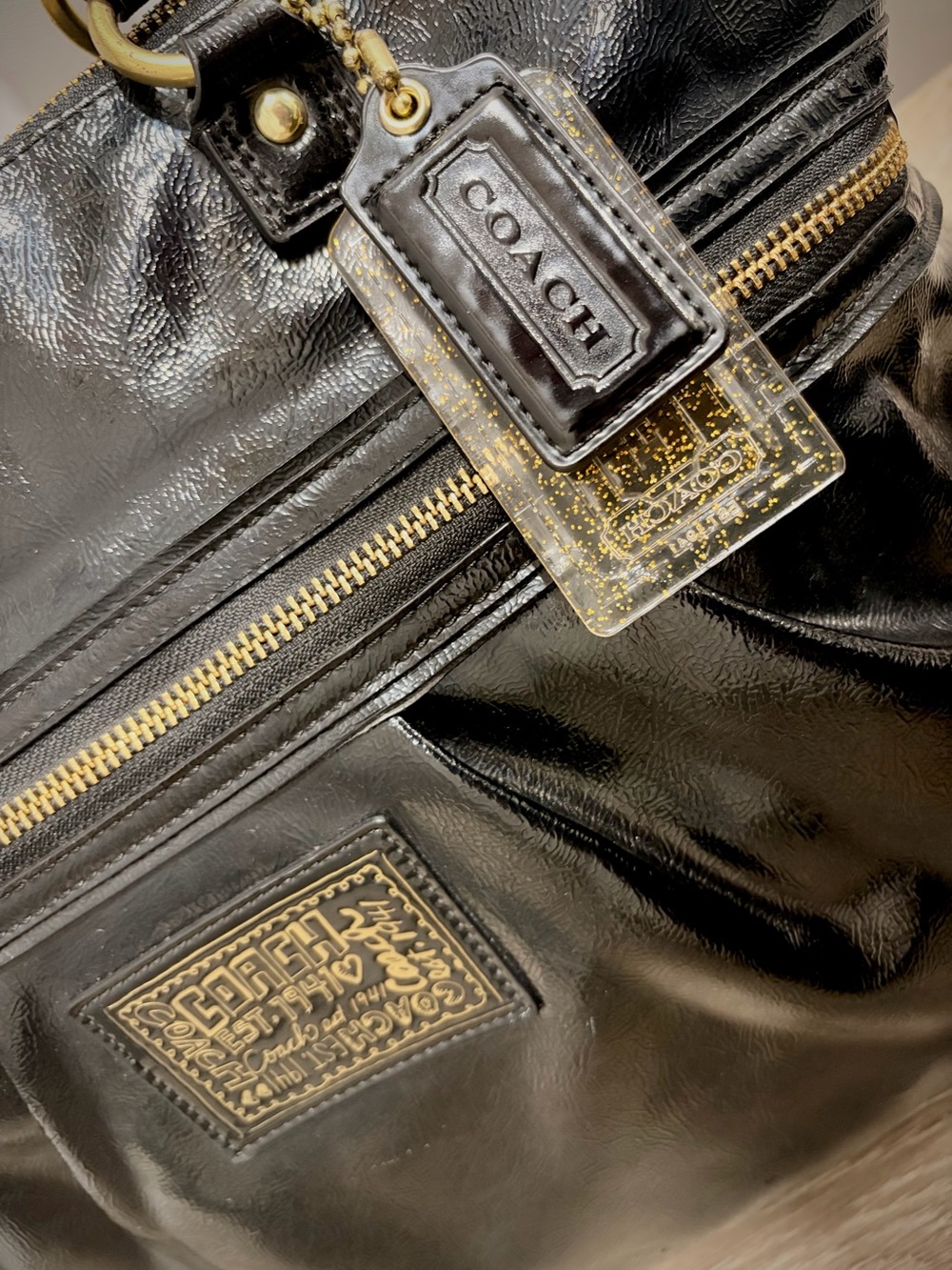 Coach Poppy Black Patent Leather Tote Bag with Zip Pocket - Picture 3 of 8